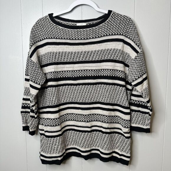 J Jill Women Oversized Sweater Size Small Knit Stripe Linen Blend Black White - Picture 1 of 10
